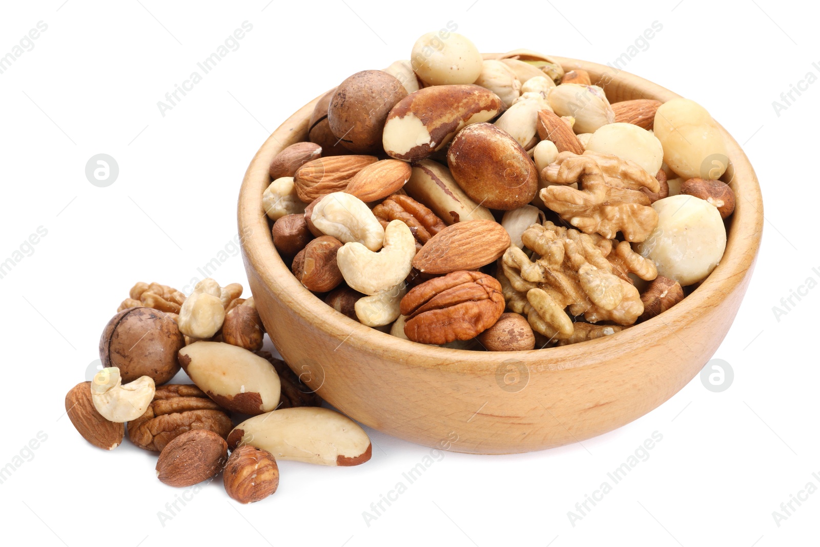Photo of Mix of different nuts in bowl isolated on white