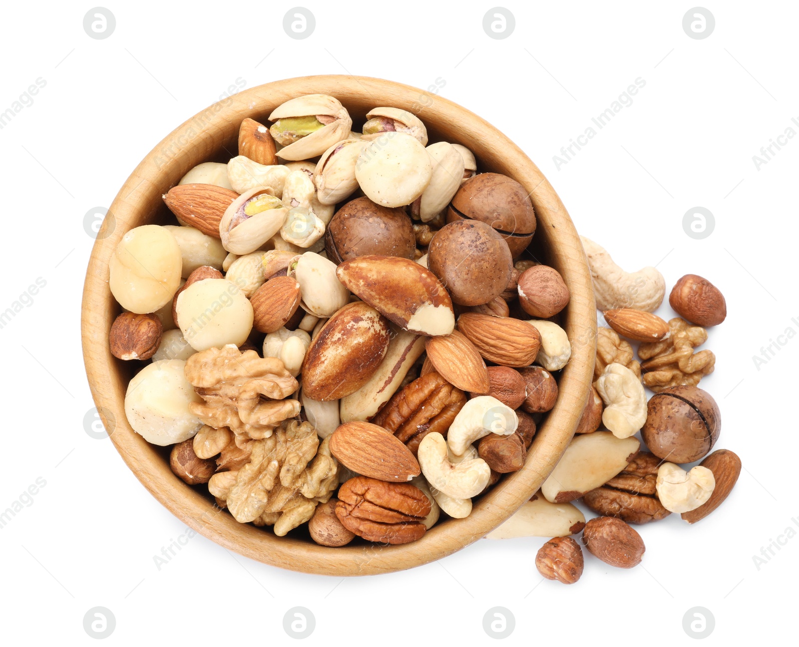 Photo of Mix of different nuts in bowl isolated on white, top view