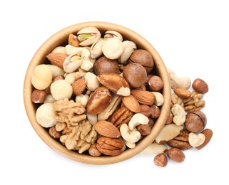 Photo of Mix of different nuts in bowl isolated on white, top view