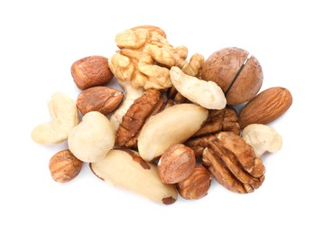 Photo of Mix of different nuts isolated on white, top view