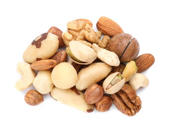 Photo of Mix of different nuts isolated on white, top view