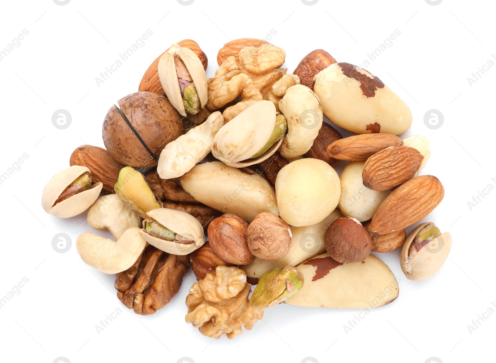 Photo of Mix of different nuts isolated on white, top view