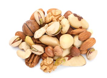 Photo of Mix of different nuts isolated on white, top view
