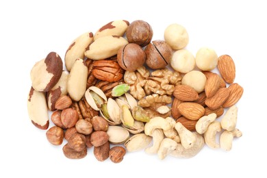 Photo of Mix of different nuts isolated on white, top view