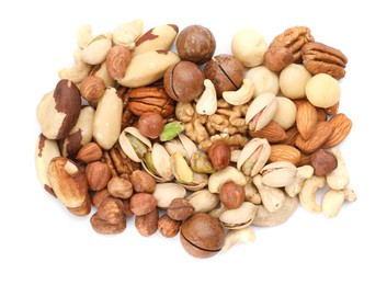 Photo of Mix of different nuts isolated on white, top view