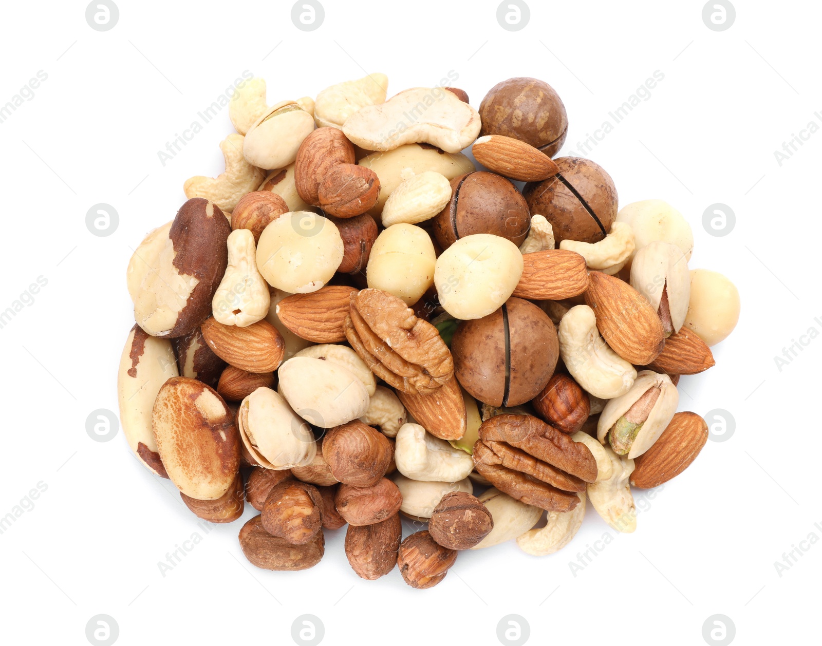 Photo of Mix of different nuts isolated on white, top view