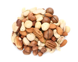 Photo of Mix of different nuts isolated on white, top view