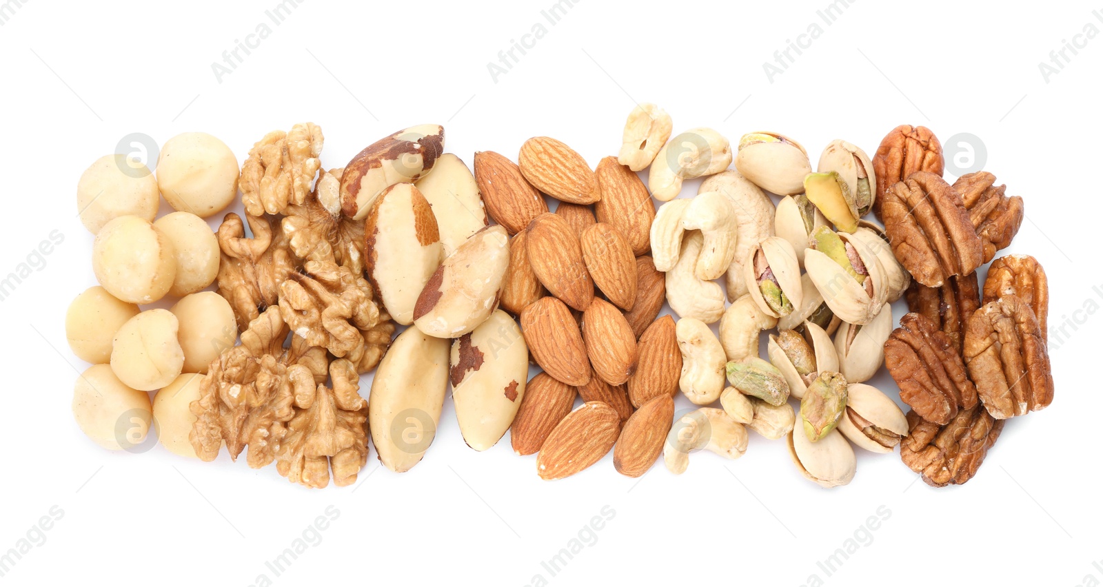 Photo of Mix of different nuts isolated on white, top view