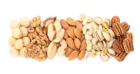 Photo of Mix of different nuts isolated on white, top view