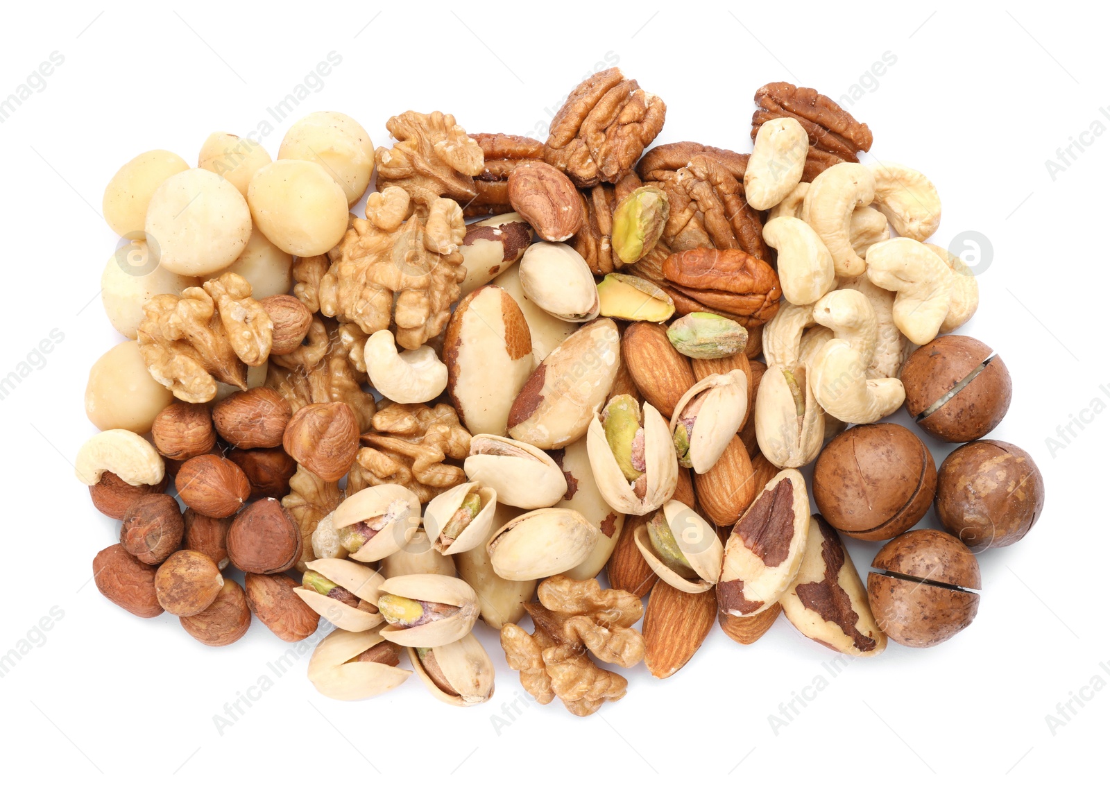 Photo of Mix of different nuts isolated on white, top view