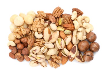 Photo of Mix of different nuts isolated on white, top view