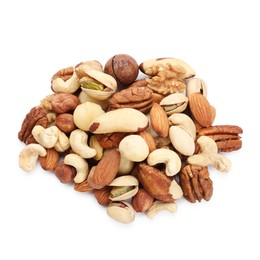 Photo of Mix of different nuts isolated on white, top view