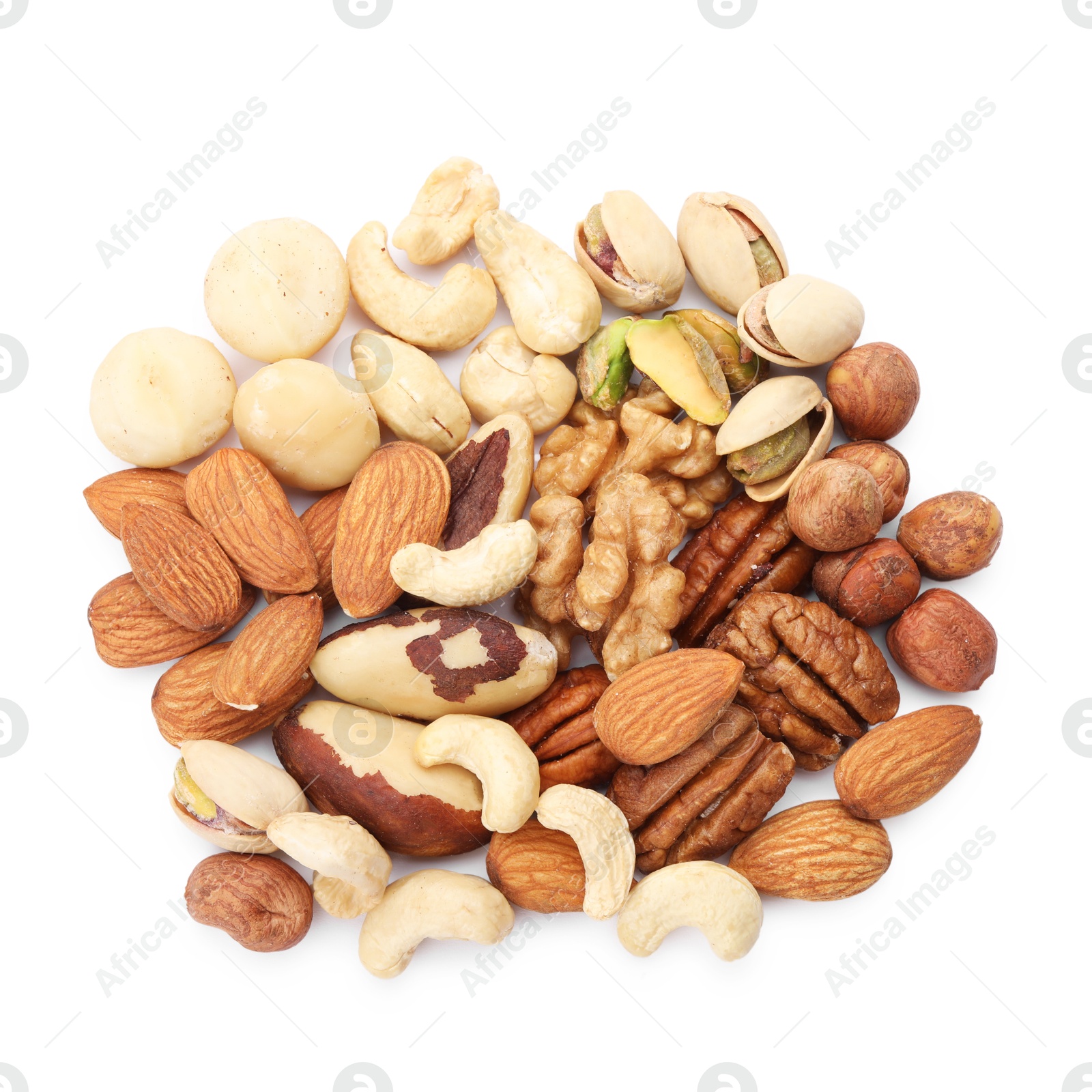 Photo of Mix of different nuts isolated on white, top view