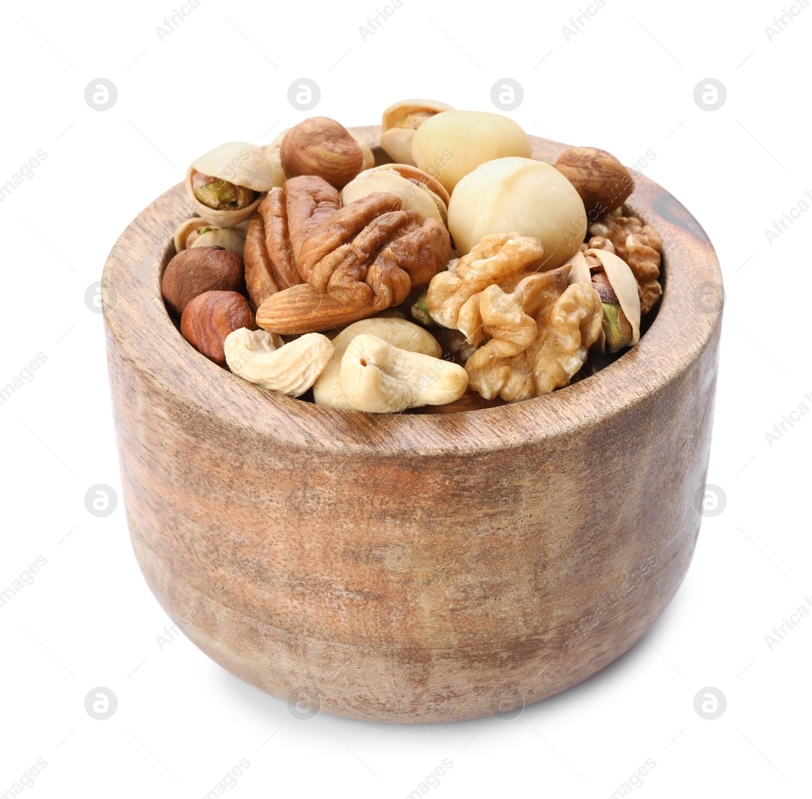 Photo of Mix of different nuts in bowl isolated on white