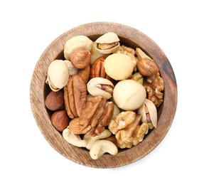 Photo of Mix of different nuts in bowl isolated on white, top view