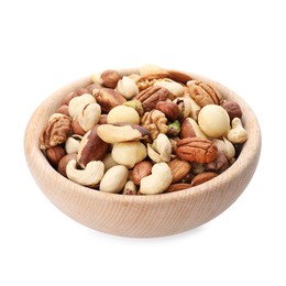 Photo of Mix of different nuts in bowl isolated on white