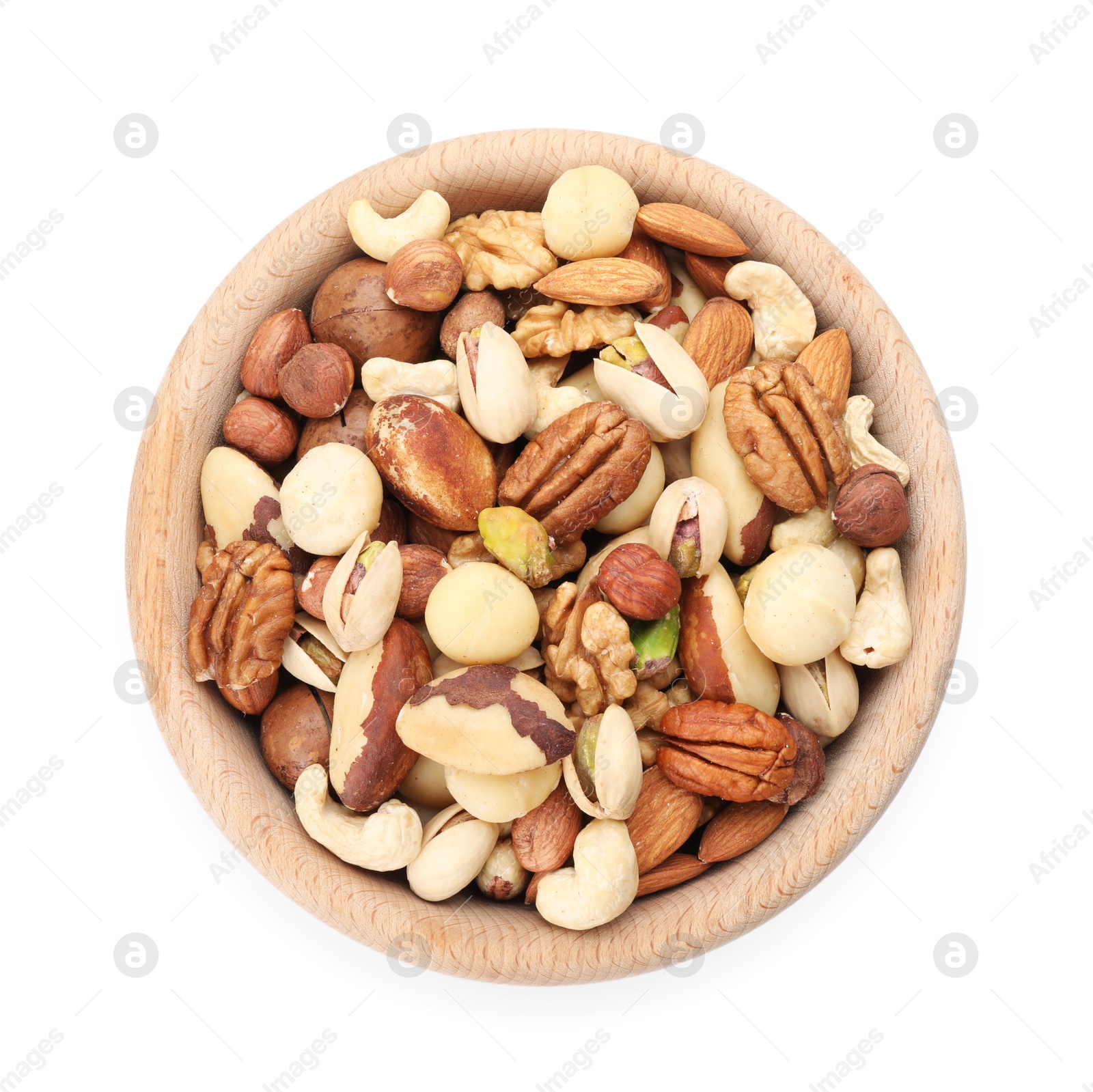 Photo of Mix of different nuts in bowl isolated on white, top view