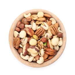 Photo of Mix of different nuts in bowl isolated on white, top view