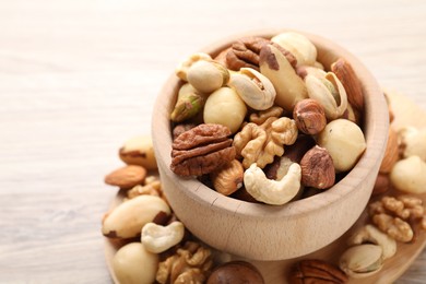 Photo of Mix of different nuts in bowl on wooden table, closeup. Space for text