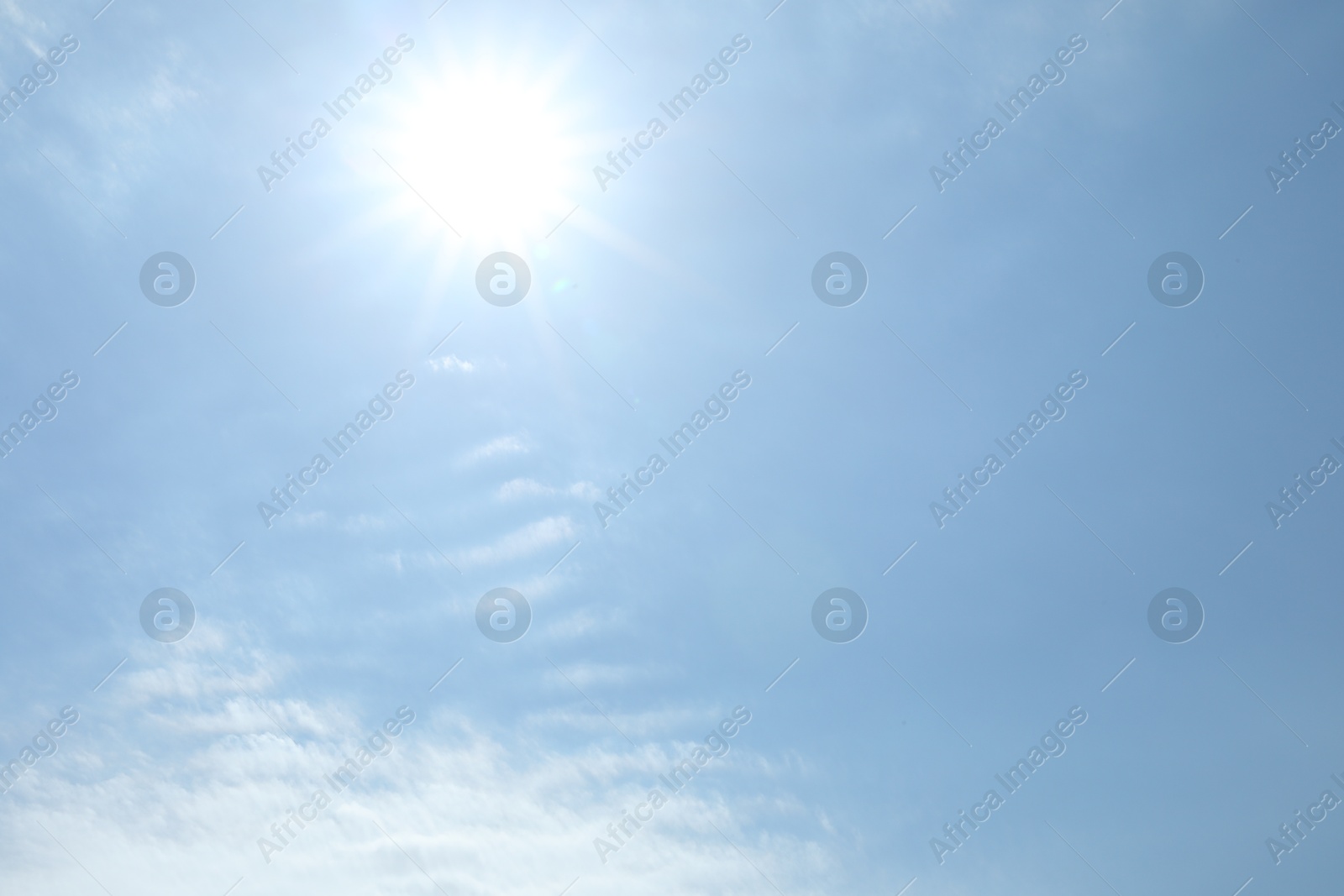Photo of Bright sun and clouds on light blue sky. Good weather
