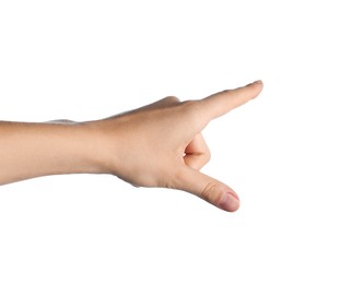 Photo of Woman touching something on white background, closeup
