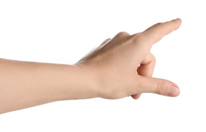 Photo of Woman touching something on white background, closeup