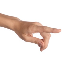 Photo of Woman touching something on white background, closeup