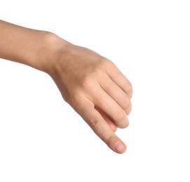Photo of Woman touching something on white background, closeup