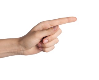 Photo of Woman touching something on white background, closeup