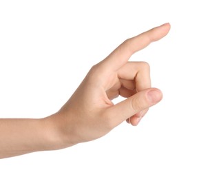 Photo of Woman touching something on white background, closeup