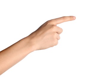Photo of Woman touching something on white background, closeup