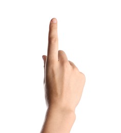 Photo of Woman touching something on white background, closeup