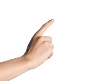 Photo of Woman touching something on white background, closeup