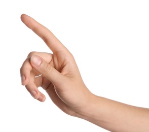 Photo of Woman touching something on white background, closeup