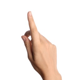 Photo of Woman touching something on white background, closeup