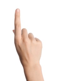 Photo of Woman touching something on white background, closeup