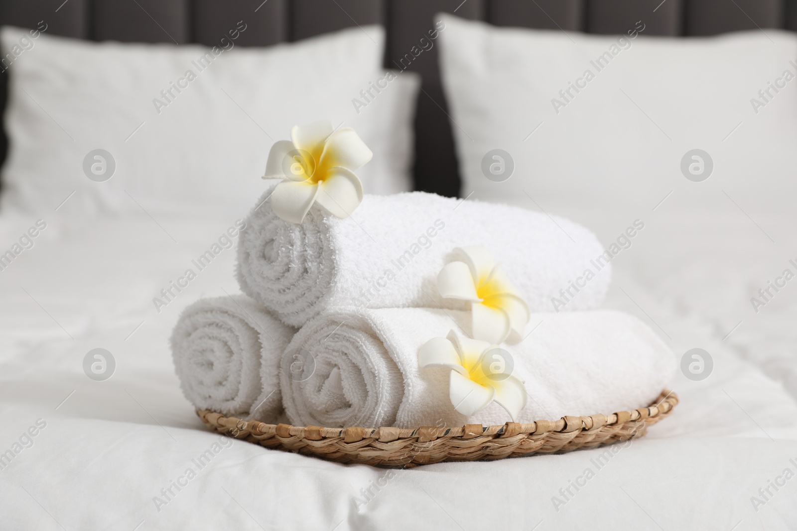 Photo of Rolled white towels and plumeria flowers on bed, closeup