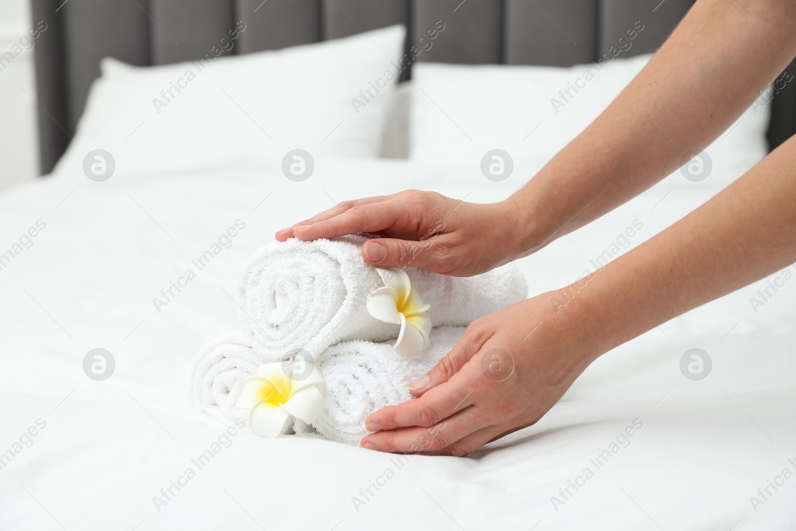 Photo of Woman putting stack of white terry towels and plumeria flowers onto bed indoors, closeup