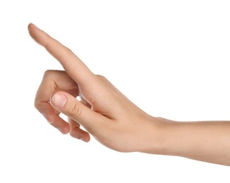 Photo of Woman touching something on white background, closeup