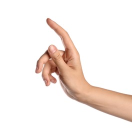 Photo of Woman touching something on white background, closeup