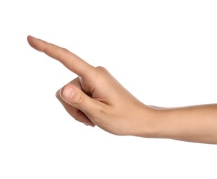 Photo of Woman touching something on white background, closeup