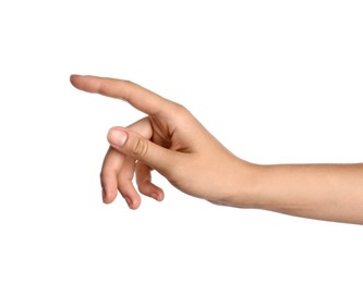 Photo of Woman touching something on white background, closeup
