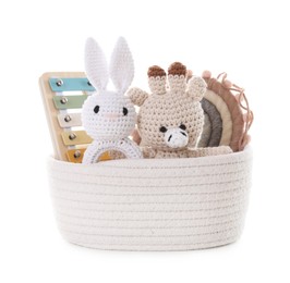 Photo of Different toys in wicker basket isolated on white