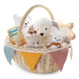 Photo of Different toys in wicker basket isolated on white
