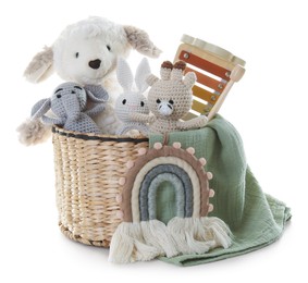 Photo of Different toys in wicker basket isolated on white