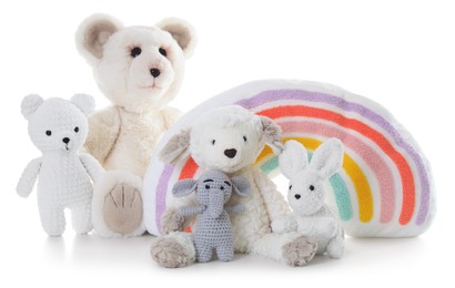 Photo of Many different soft toys isolated on white