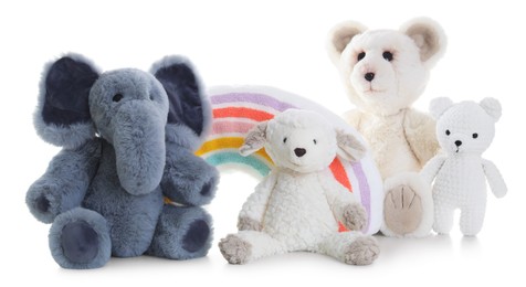Photo of Many different soft toys isolated on white
