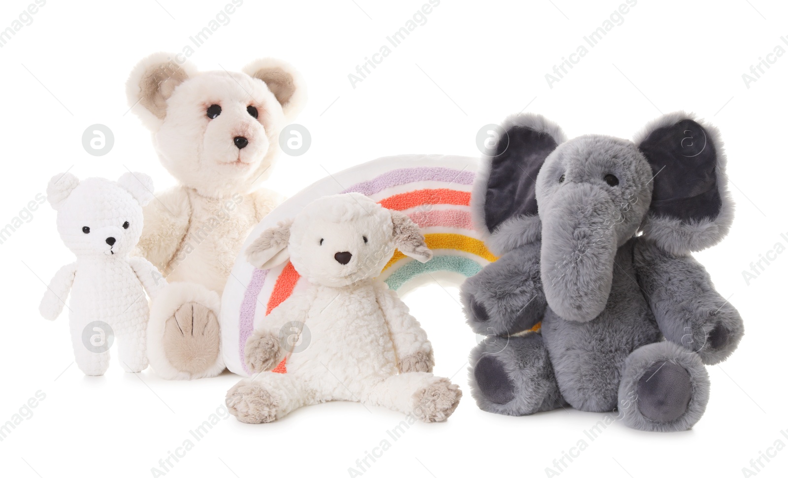 Photo of Many different soft toys isolated on white