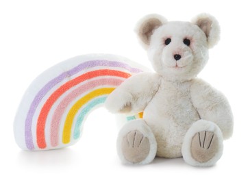 Photo of Toy rainbow and teddy bear isolated on white