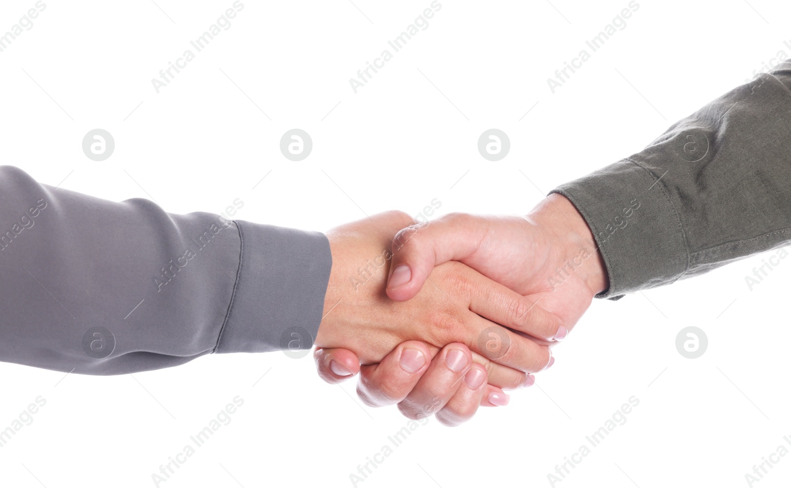 Photo of Woman and man shaking hands on white background, closeup